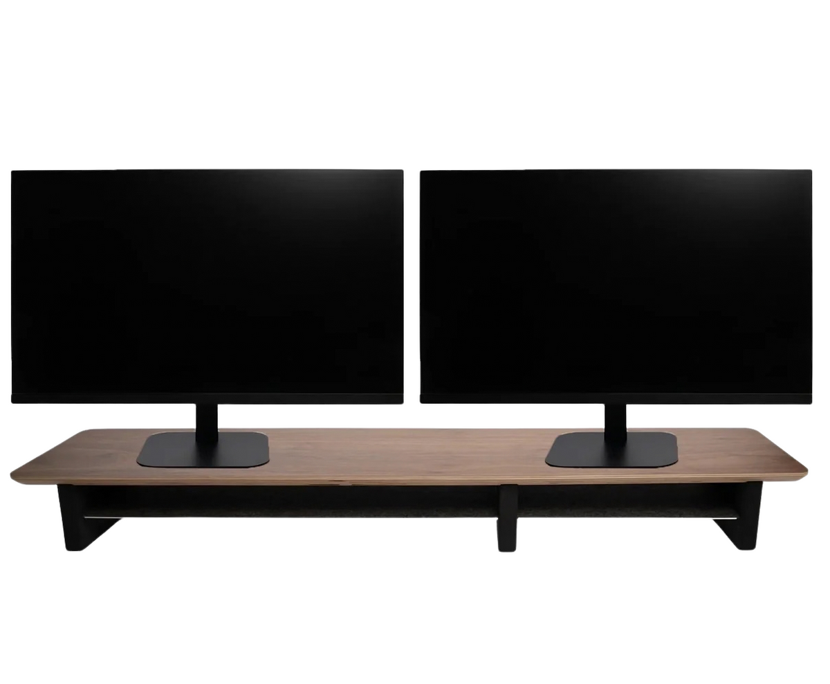 A modern two-monitor TV Desk shelf pro v2.0 with a wood-grain top and black metal frame, holding two black flat-screen monitors, shown against a plain white background.
